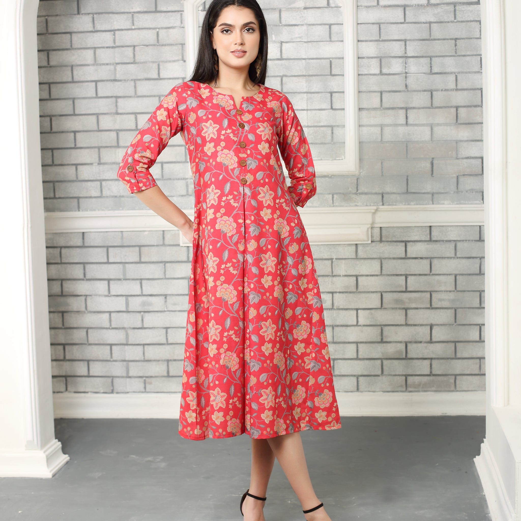 Red Floral A-Line Midi Dress