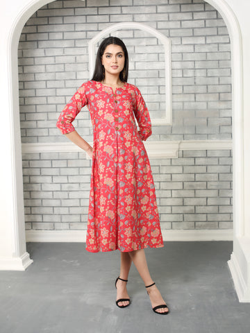 Red Floral A-Line Midi Dress