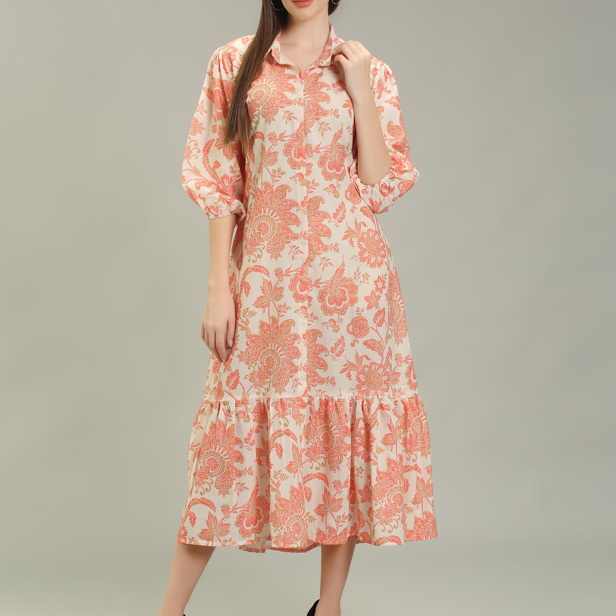 Coral Bloom Midi Dress