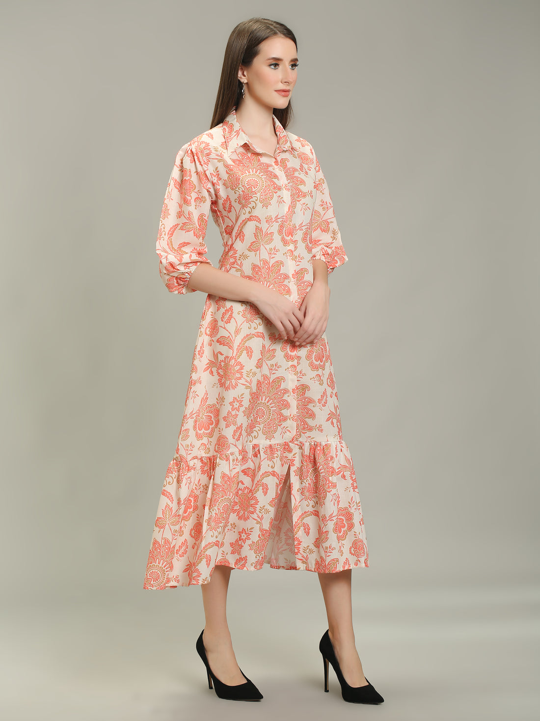 Coral Bloom Midi Dress